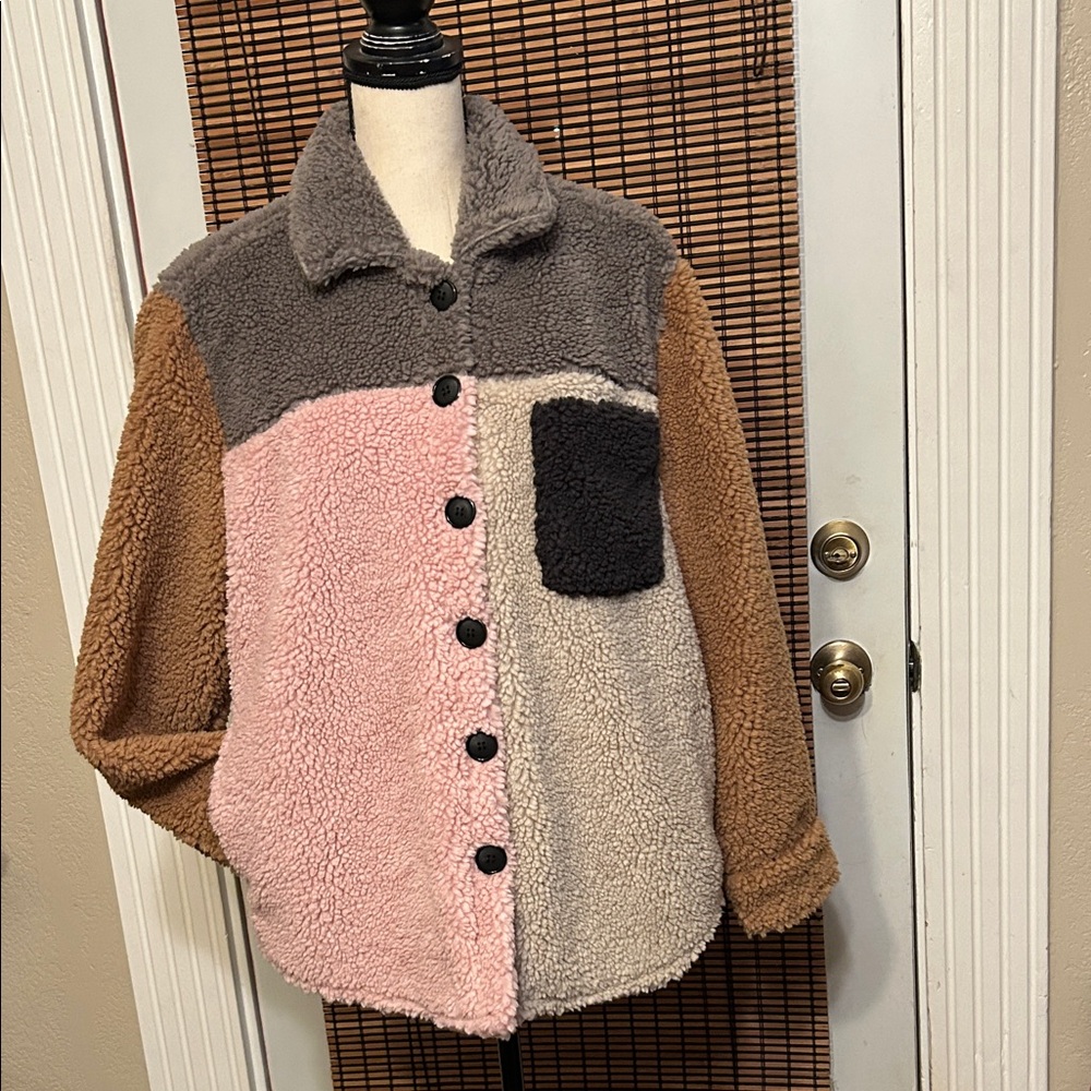 dylan Color Blocked Button-Down Teddy Jacket Pink, Gray, Brown Front Pocket NWT
